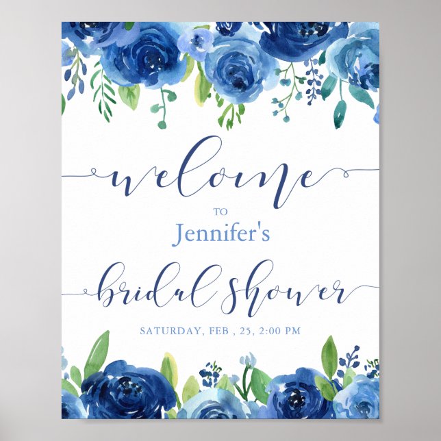 Rustic Blue Flowers Bridal Shower Welcome Poster (Front)