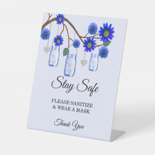 Rustic Blue Flowers Mason Jar Wedding Safety Pedestal Sign