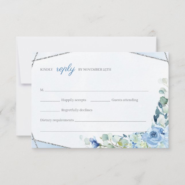 Rustic BLue Flowers Silver Geometric Frame Wedding RSVP Card (Front)