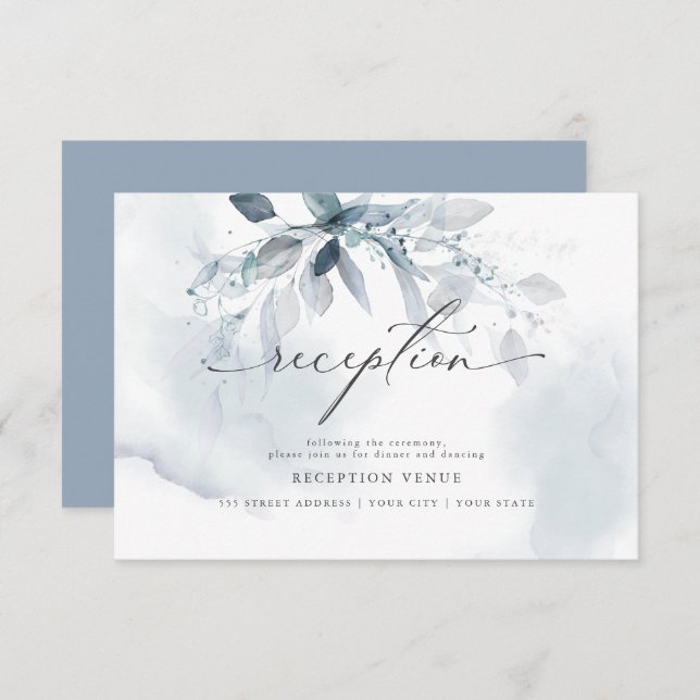 Rustic Blue Foliage Watercolor Reception  Invitation (Front/Back)