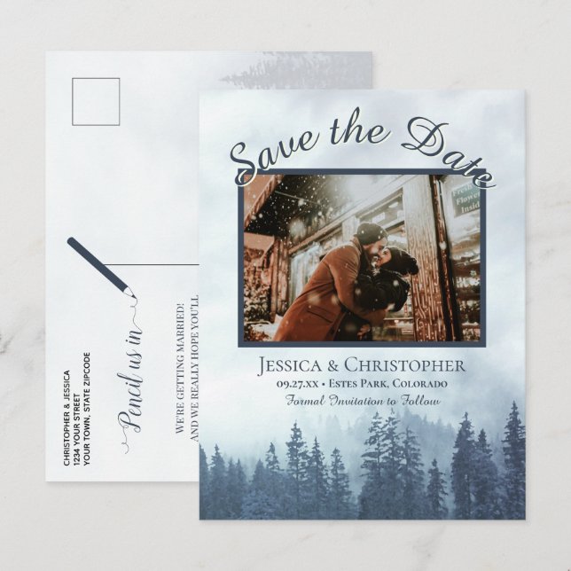 Rustic Blue Forest Wedding Save the Date Photo Announcement Postcard (Front/Back)