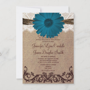 Rustic Blue Gerber Daisy Lace Wedding Invitation