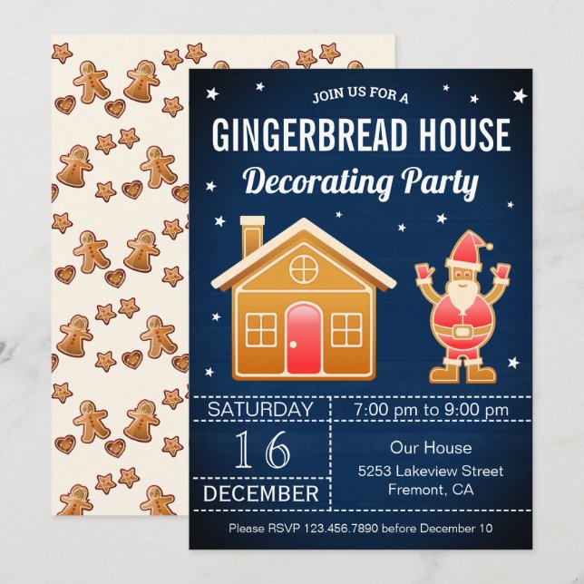 Rustic Blue Gingerbread House Decorating Party Invitation (Front/Back)