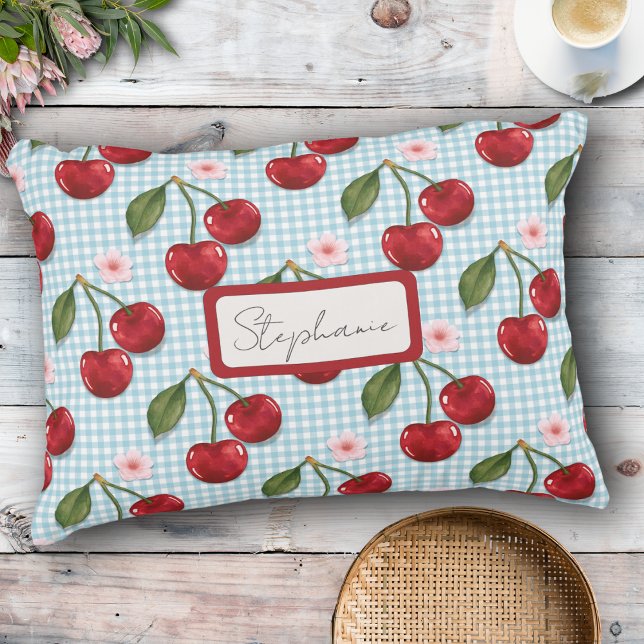 Rustic Blue Gingham And Cherries Monogram Accent Pillow (Creator Uploaded)