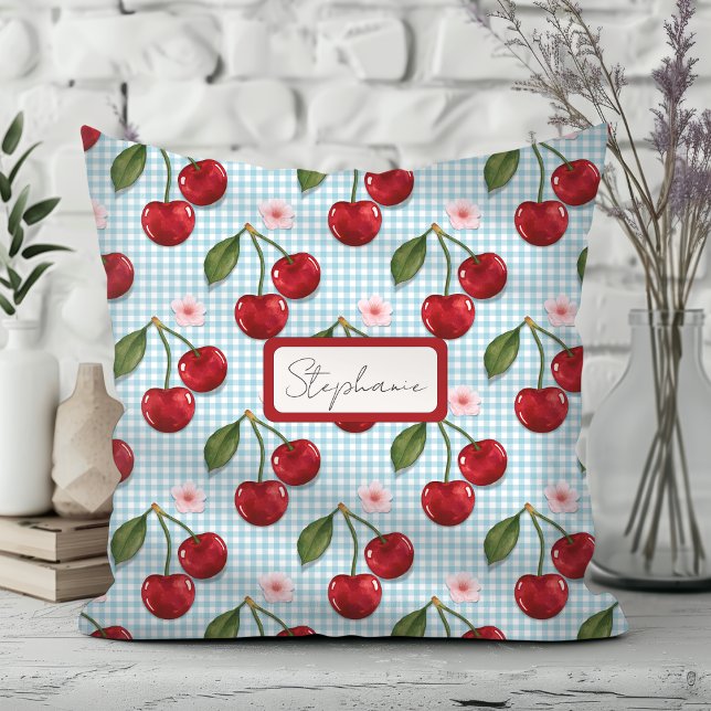 Rustic Blue Gingham And Cherries Monogram Throw Pillow (Creator Uploaded)