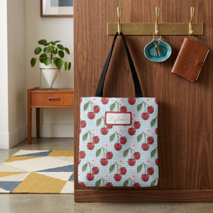 Rustic Blue Gingham And Cherries Monogram Tote Bag