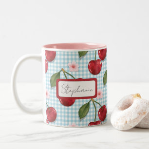 Rustic Blue Gingham And Cherries Monogram Two-Tone Coffee Mug