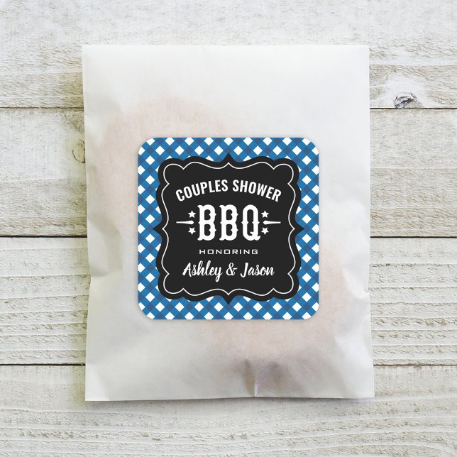 Rustic Blue Gingham BBQ Wedding Couples Shower Square Sticker (Creator Uploaded)