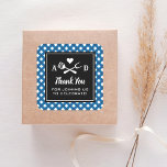 Rustic Blue Gingham BBQ Wedding Thank You Square Sticker<br><div class="desc">Wedding thank you favour stickers feature a black and white barbecue themed design with a BBQ fork and spatula grilling utensils and a heart accent. Personalize the custom monogram initials and "Thank you for joining us to celebrate!" message. Includes a navy, blue and white gingham tablecloth patterned background. Perfect for...</div>