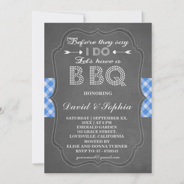 Rustic Blue Gingham Chalkboard I DO BBQ Invitation (Front)