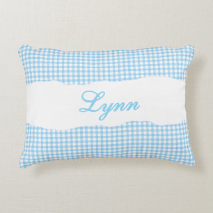 Rustic Blue Gingham Personalized Name Accent Pillow