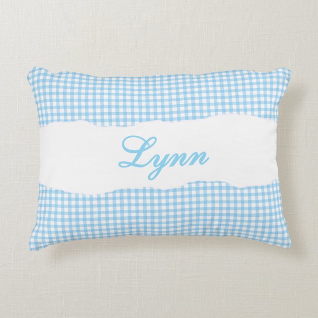 Rustic Blue Gingham Personalized Name Accent Pillow (Front)