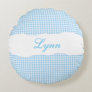 Rustic Blue Gingham Personalized Name Round Pillow