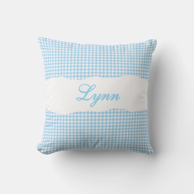 Rustic Blue Gingham Personalized Name Throw Pillow (Front)