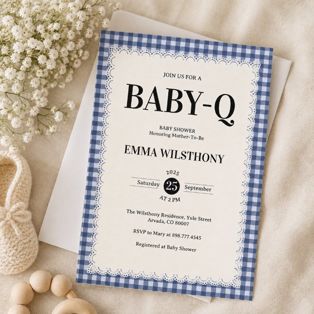 Rustic Blue Gingham Plaid Baby Shower BBQ Invitation (Creator Uploaded)
