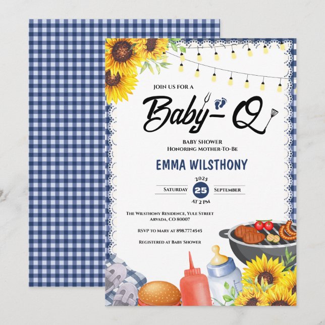 Rustic Blue Gingham Plaid Baby Shower BBQ Invitation (Front/Back)