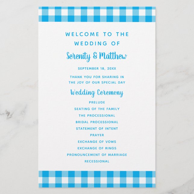 Rustic Blue Gingham Plaid Country Wedding Program (Front)