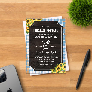 Rustic Blue Gingham Sunflowers Boy Baby-Q Shower Acrylic Invitations