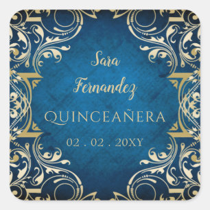 Rustic Blue Gold Elegant Quinceanera   Square Sticker