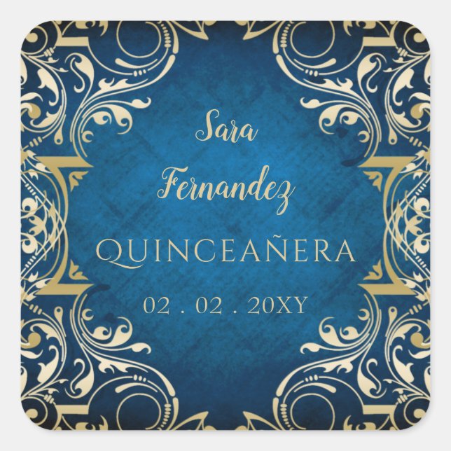 Rustic Blue Gold Elegant Quinceanera   Square Sticker (Front)