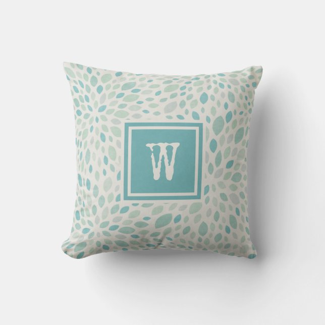 Rustic Blue Green Abstract Floral Pattern Monogram Throw Pillow (Front)