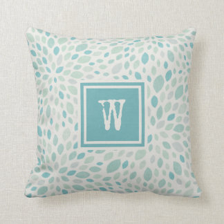 Rustic Blue Green Abstract Floral Pattern Monogram Throw Pillow