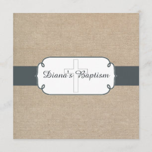 Rustic Blue Grey & Beige Burlap Baptism Invitation