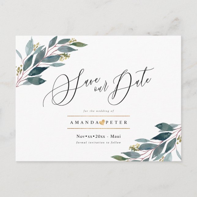 Rustic Blue Gum Foliage Save the Date Postcard (Front)