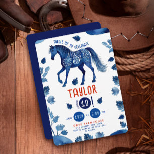 Rustic Blue Horse Pony Western Watercolor Party Invitation