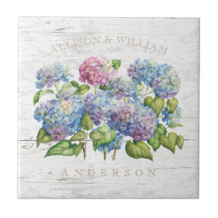 Rustic Blue Hydrangea Blooms with Wood Add Names Tile