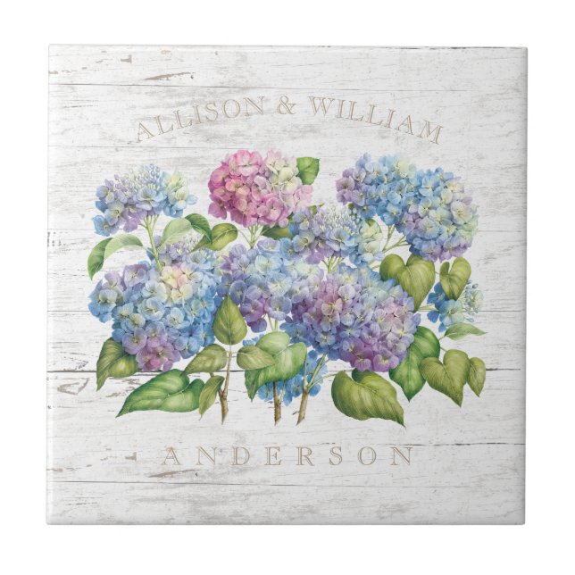 Rustic Blue Hydrangea Blooms with Wood Add Names Tile (Front)