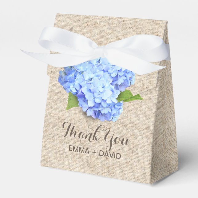 Rustic Blue Hydrangea Flower Burlap Thank You Favor Box (Front Side)