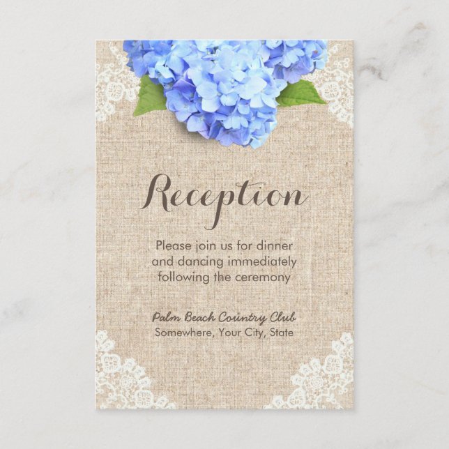 Rustic Blue Hydrangea Lace & Burlap Reception Enclosure Card (Front)