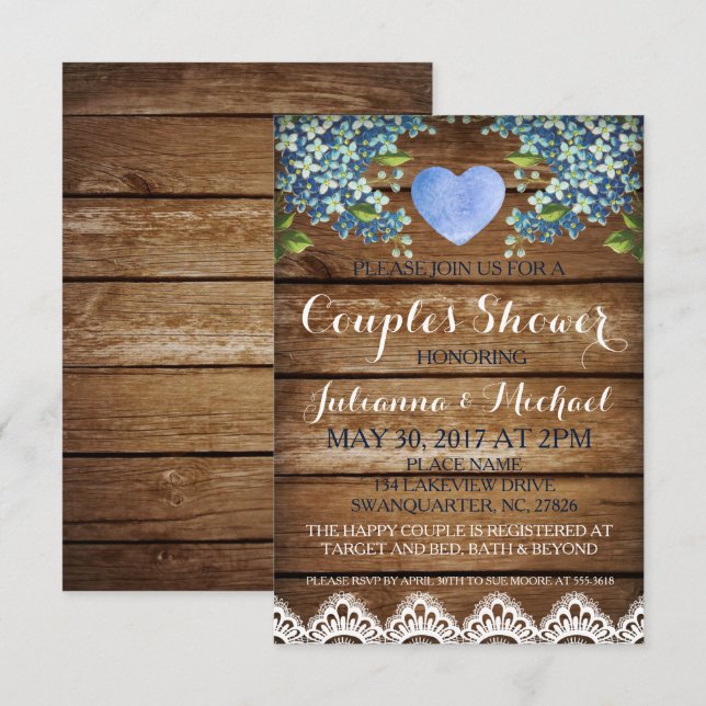 Rustic Blue Hydrangea & Lace Couple's Shower Card (Front/Back)