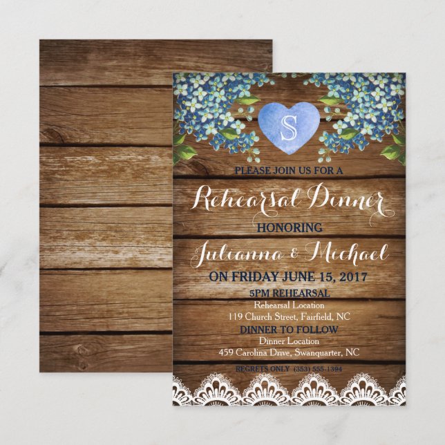 Rustic Blue Hydrangea & Lace Rehearsal Dinner Card (Front/Back)