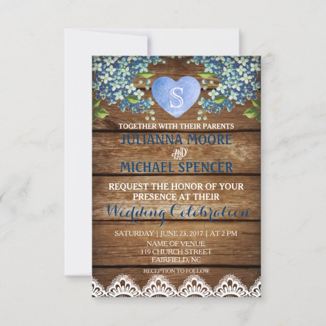 Rustic Blue Hydrangea & Lace Wedding Invitation (Front)