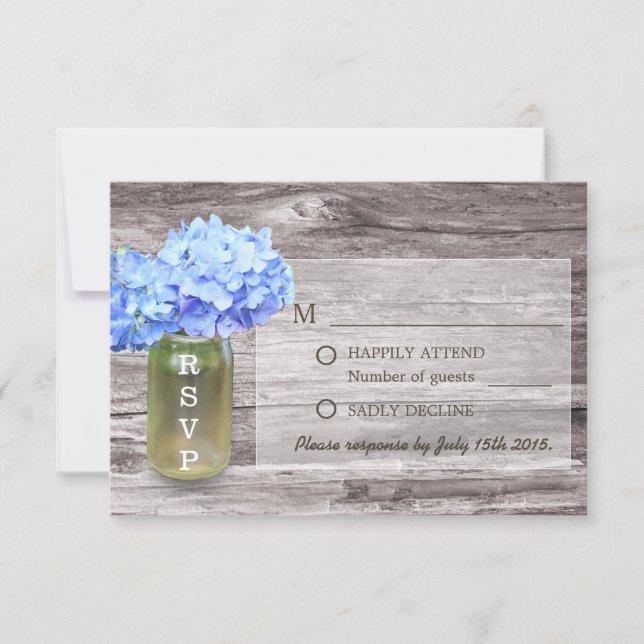 Rustic Blue Hydrangea Mason Jar Wedding RSVP Card (Front)