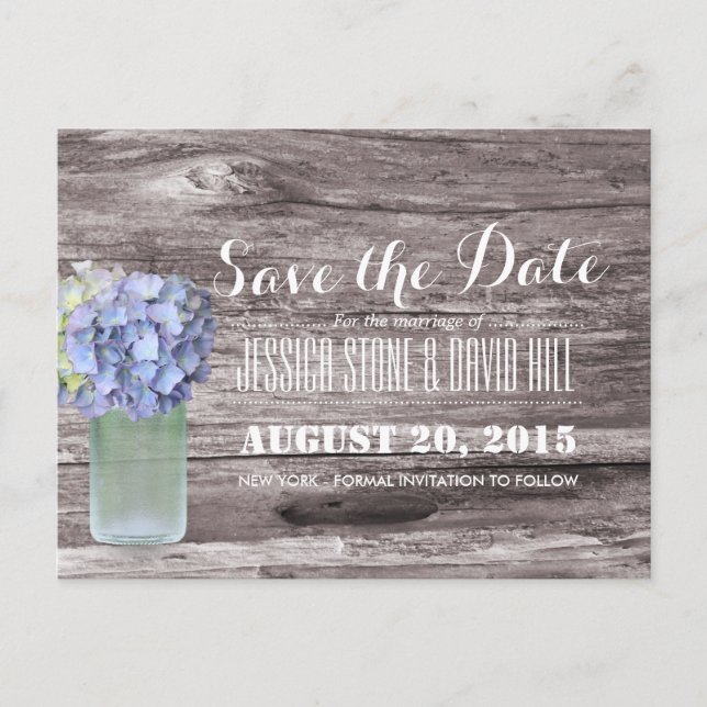 Rustic Blue Hydrangea Mason Jar Wood Save the Date Announcement Postcard (Front)