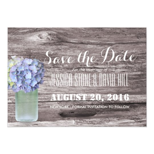 Rustic Blue Hydrangea Mason Jar Wood Save the Date Card