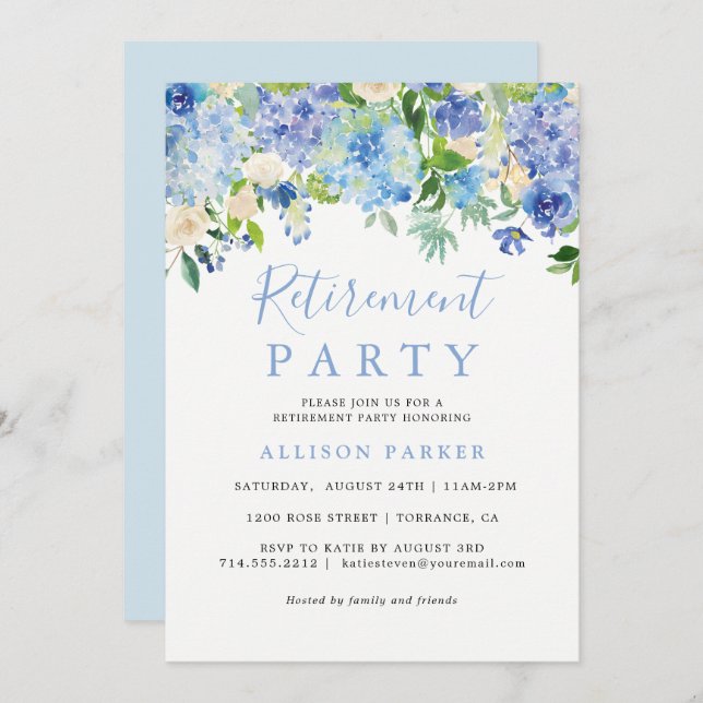 Rustic Blue Hydrangea Retirement Party Invitation (Front/Back)