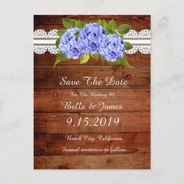 Rustic Blue Hydrangea Save the Date Postcard (Front)