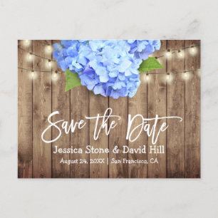 Rustic Blue Hydrangea String Lights Save the Date Announcement Postcard