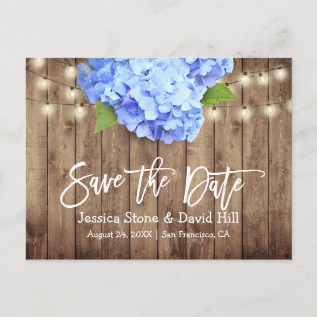 Rustic Blue Hydrangea String Lights Save the Date Announcement Postcard (Front)