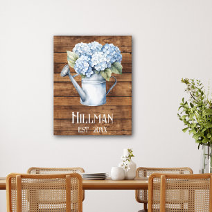 Rustic Blue Hydrangea Watering Can Personalized Canvas Print