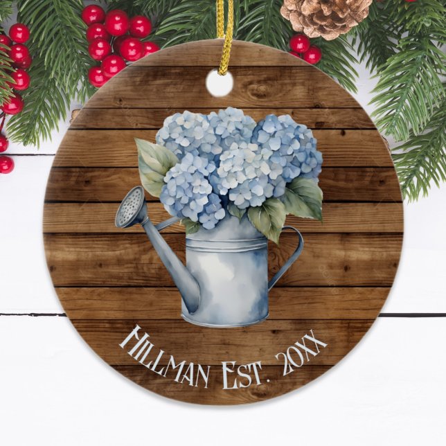 Rustic Blue Hydrangea Watering Can Personalized  Ceramic Ornament (Rustic Blue Hydrangea Watering Can Personalized Ceramic Ornament
)