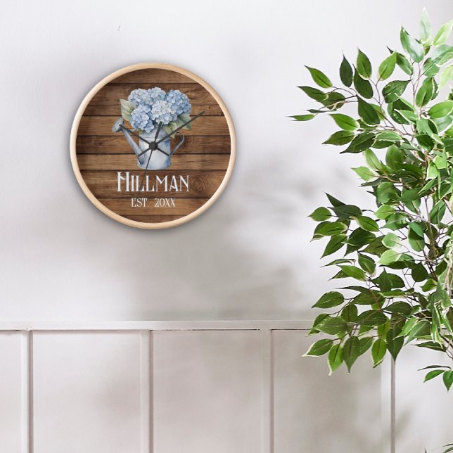 Rustic Blue Hydrangea Watering Can Personalized  Clock (Rustic Blue Hydrangea Watering Can Personalized Clock
)