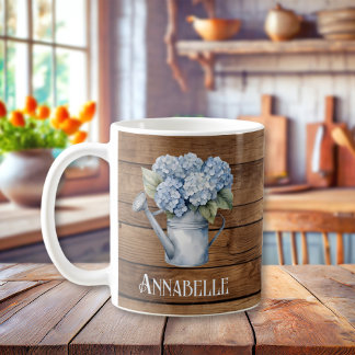 Rustic Blue Hydrangea Watering Can Personalized  Coffee Mug