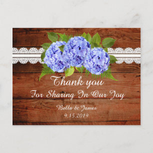 Rustic Blue Hydrangea Wedding Thank you Postcard
