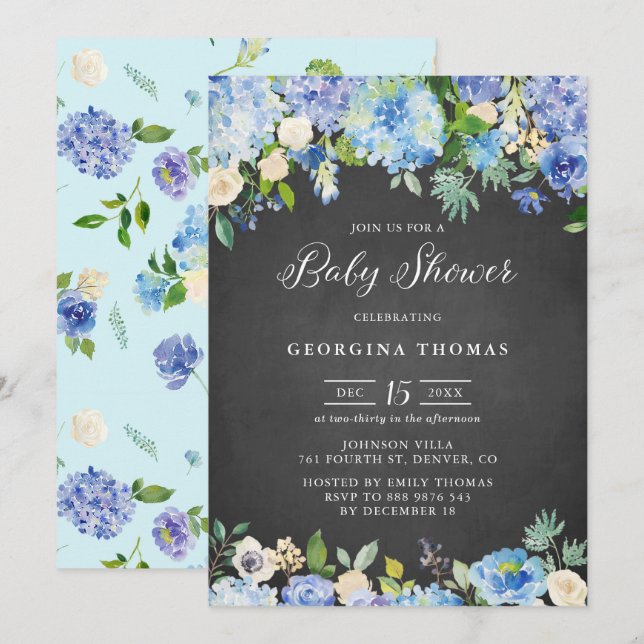 Rustic Blue Hydrangeas Chalkboard Baby Shower Invitation (Front/Back)