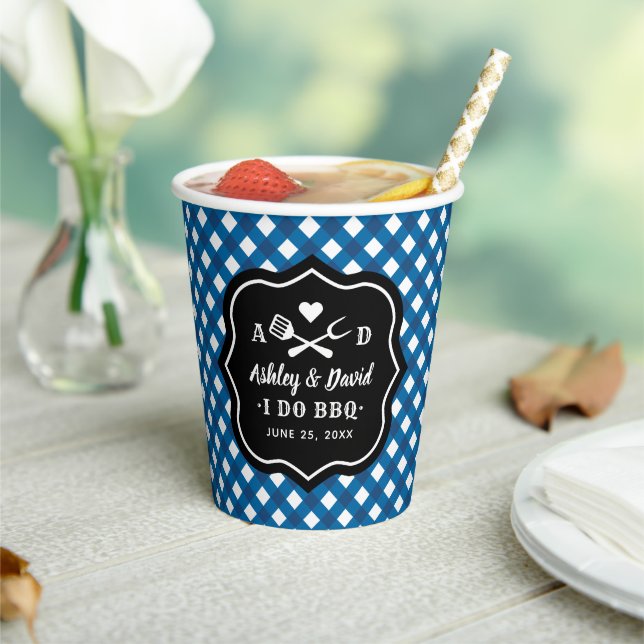 Rustic Blue I Do BBQ Custom Wedding Monogram Paper Cups (Insitu)